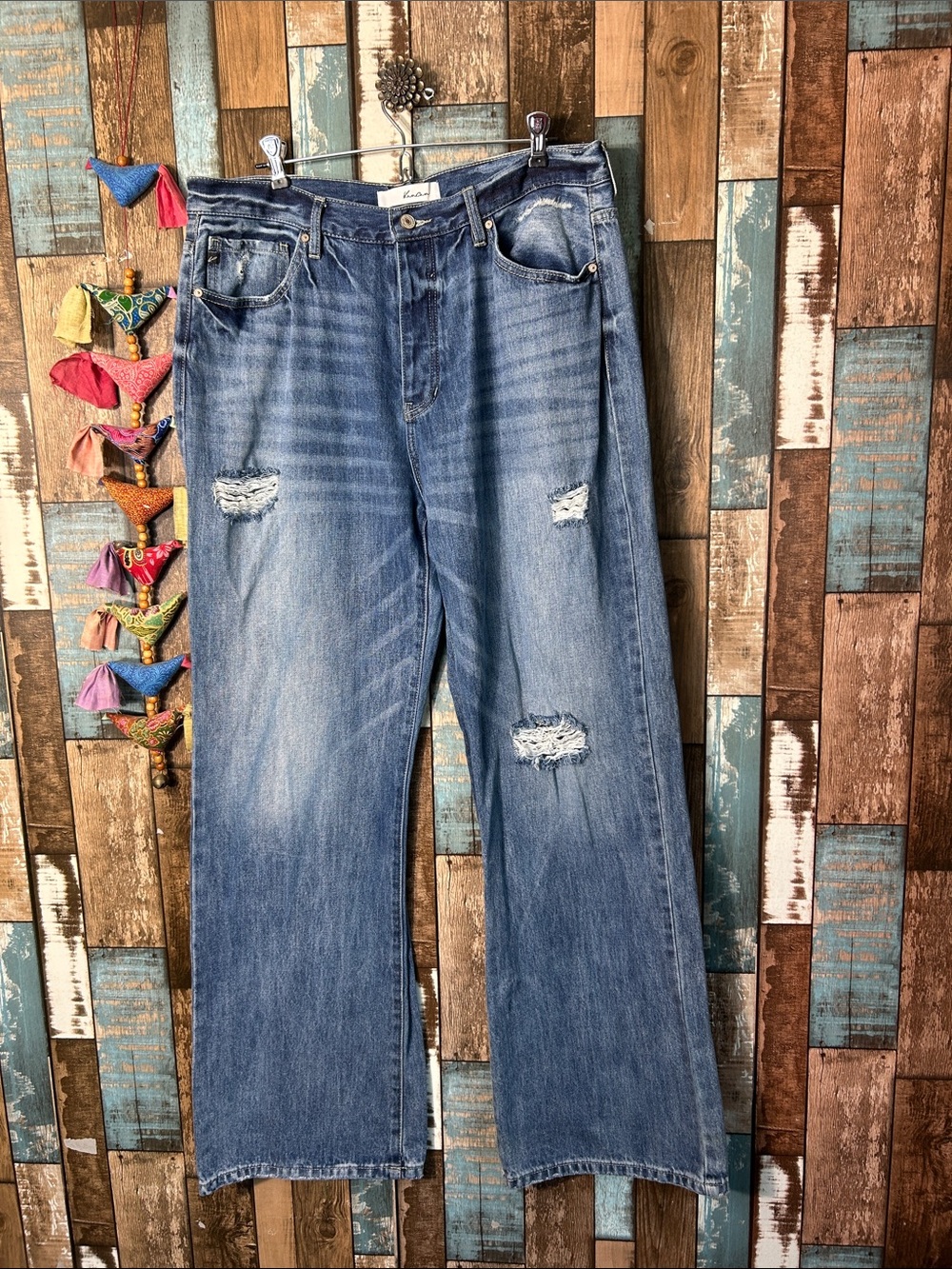 Kancan Wide-Leg Distressed Women's Jeans in Faded Blue